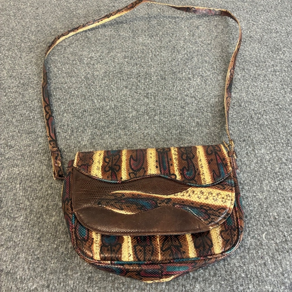 Vintage Lee Sands Snakeskin Patchwork Crossbody Purse Wallet Set Multi Brown